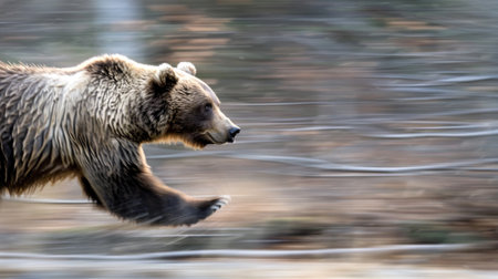 Brown bear running through a snowy forest with blurred background. Concept of wildlife, nature,...
