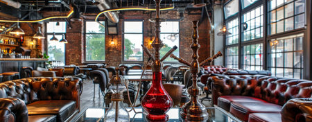 Modern Hookah Lounge with Industrial Decor, Cozy Leather Seating, Brick Walls, and Metal Tables. Concept of Relaxation, Urban Design, Social Space, Nightlife Ambiance. Banner.の写真素材