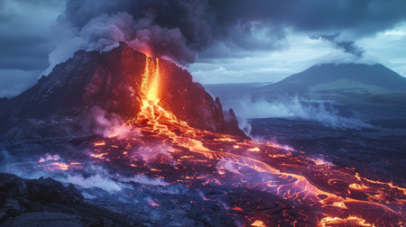 Majestic Volcanic Eruption Spewing Lava and Ash at Sunset Illuminating the Sky. Concept of Natural Disaster, Nature's Power, Dramatic Landscape, Earth Science.の写真素材