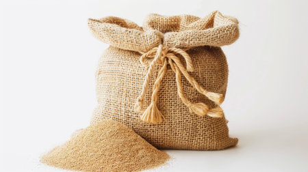 Bag of sand spilling over by isolated on a white background. Concept of raw material textures,...