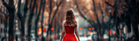 Young Woman in a Red Dress Walking Along a Tree-Lined Street with Autumn Foliage. Concept of Seasonal Fashion, Autumn Serenity, Nature Walks, Peaceful Moments.の写真素材