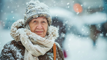 Elderly Caucasian Woman in Winter Wear Standing Outdoors with Snow Falling Around Her. Concept of...