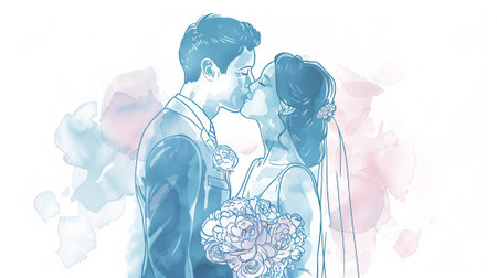 Watercolor illustration of a bride and groom sharing a romantic kiss. Concept of love, wedding, marriage, wedding ceremony. Print, design element, invitation card, wedding decor. Copy space.の写真素材