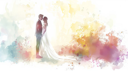 Watercolor illustration of a bride and groom standing together. Concept of wedding, love, romance, marriage. Art, print, wedding invitation design element, romantic couple, anniversary celebration.の写真素材