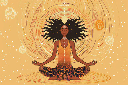 African American Woman Meditating in a Cosmic Space. Concept of Mindfulness, Inner Peace, Spiritual...