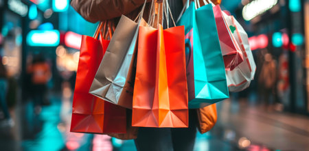 Close-up of hands holding multiple colorful shopping bags in a bustling city at night. Concept of retail, consumerism, shopping spree, and urban lifestyle.の写真素材