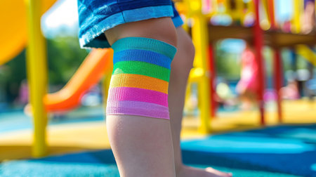 Colorful Bandage on a Child's Knee at Playground. Healing, Childhood Adventure, Bright Colors.の写真素材