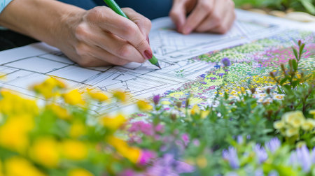 Garden Designer Creating Detailed Landscape Plans Among Vibrant Flowers - Concept of Creativity, Landscape Architecture, Floral Design, Architectural blueprint.の写真素材