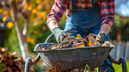 Worker in Overalls Filling Wheelbarrow with Autumn Leaves in a Sunny Garden. Concept of Seasonal...