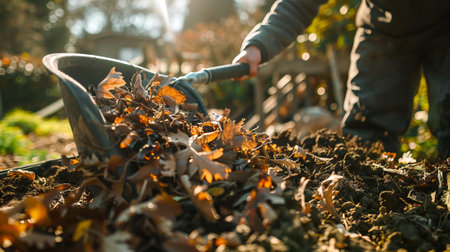 Gardener Collecting Autumn Leaves with a Wheelbarrow on a Sunny Day. Concept of Seasonal Yard Maintenance, Outdoor Clean-Up, Sustainable Gardening.の写真素材