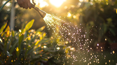Man watering plants with garden hose in sunlight. Concept of gardening, nature care, morning routine.の写真素材