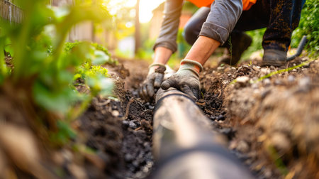 Gardener Man Installing Drainage Pipe in Garden, Concept of Sustainable Landscaping, Water Management, Outdoor Work.の写真素材