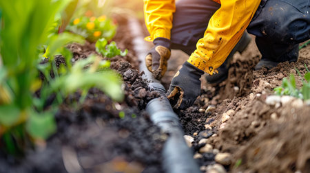 Landscaper Installing Drainage Pipe in Garden with Focus on DIY Construction, Outdoor Maintenance,...