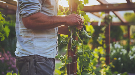 Caucasian Man Installing a Pergola in a Garden During Sunset. Concept of Outdoor Design, Nature Harmony, and Green Living.の写真素材