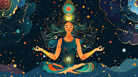 Meditative Woman Practicing Yoga with Cosmic Elements in Tranquil Digital Illustration. Concept of...