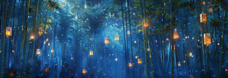 Magical Bamboo Forest with Hanging Wishes and Illuminated Lanterns at Night - Concept of Serenity,...