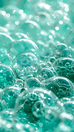 Close-Up of Turquoise Soap Bubbles Creating a Shimmering and Textured Surface - Concept of Cleanliness, Freshness, Creativity, Background. Vertical.の写真素材