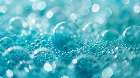 Turquoise Soap Bubbles Creating a Shimmering Abstract Pattern. Concept of Cleanliness, Refreshing Sensations, and Artistic Backgrounds.の写真素材