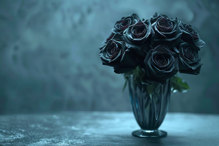 Elegant Black Roses Arranged in a Vase on a Dark Background. Concept of Gothic Beauty, Minimalist Elegance, and Dramatic Floral Artistry.の写真素材