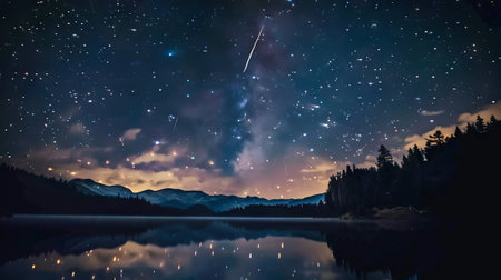 Clear night sky filled with countless stars and a shooting star over a calm lake reflecting the silhouette of distant mountains and trees. Concept of serenity, nature's beauty, and cosmic wonder.の写真素材