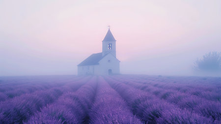 Serene stone church surrounded by misty lavender fields at dawn, evoking a peaceful countryside morning and tranquil nature.の写真素材
