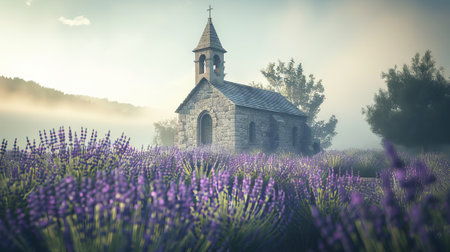 Serene Countryside Church with Bell Tower in Misty Lavender Field at Sunrise-Concept of Tranquility, Spirituality, Nature's Beauty.の写真素材