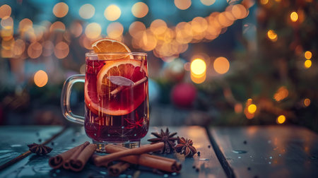 Warm Glass of Mulled Wine with Cinnamon Sticks and Star Anise on a Rustic Table. Concept of Cozy Winter Nights, Holiday Celebration, Aromatic Spices, seasonal drinks, Christmas Beverage. Copy space.の写真素材