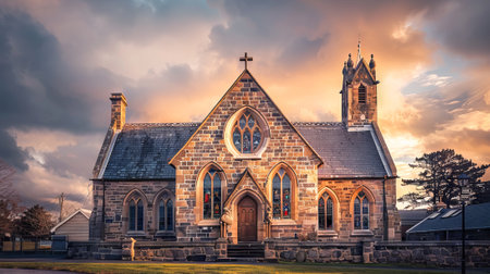 Historic Stone Church with Gargoyles and Stained Glass Windows Under Dramatic Sunset Sky.