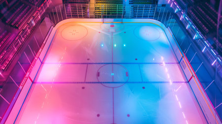 Aerial View of Vibrant Illuminated Hockey Arena with Colorful Lighting Effects. Concept of Sport...