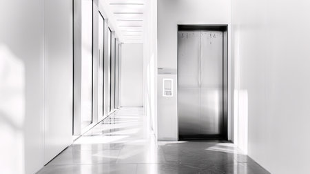 Modern minimalist steel elevator door with sleek digital lock in bright hallway. Concept of security...