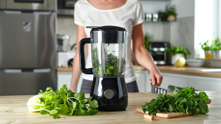 Woman Preparing Fresh Green Smoothie with Modern Blender in Bright Kitchen - Concept of Healthy...