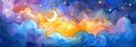 Watercolor Illustration of Cosmic Space with Crescent Moon and Stars, Featuring Vibrant Night Sky Scene. Concept of Celestial Inspiration, Starry Dreams, Cosmic Wonder. Background. Banner.の写真素材