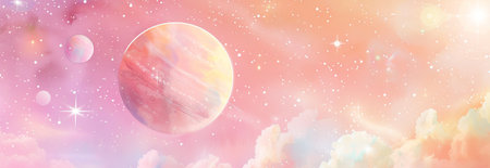 Watercolor Illustration of an Open Cosmic Space with Planets and Stars on a Soft Pink Background....