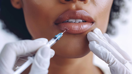 Close-up of African American Woman Receiving Lip Injection for Cosmetic Enhancement. Concept of Beauty Treatments, Aesthetic Procedures, Modern Skincare.の写真素材