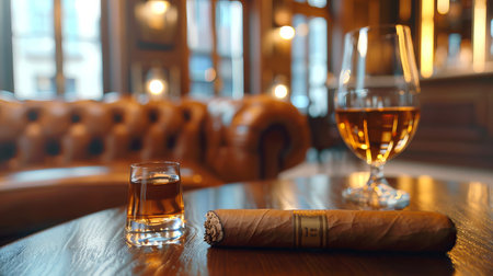 Luxurious Atmosphere with Premium Cigar and Whiskey Pairing in Sophisticated Lounge Setting.