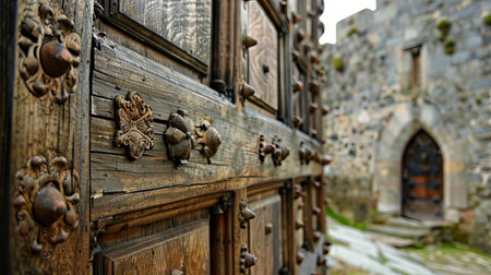 Historic Castle Gate Close-Up Showcasing Intricate Woodwork and Architectural Details in a Medieval Setting.の写真素材