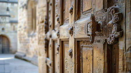Historic Castle Gate Close-Up Showcasing Intricate Woodwork and Architectural Details in a Medieval Setting.の写真素材