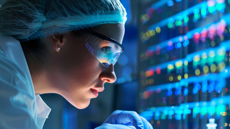 Female scientist in safety goggles, using digital screen monitor to analyze samples in laboratory...