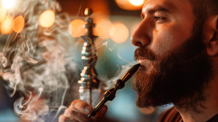 Middle Eastern Man Enjoying Relaxation with Hookah in a Dimly Lit Lounge Setting. Concept of...