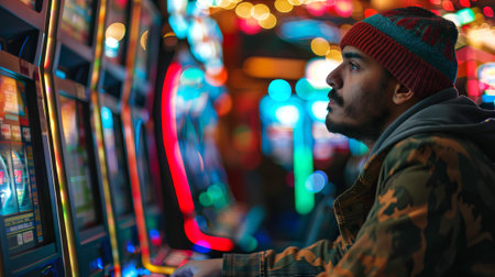Young man reflecting alone at a casino slot machine. Concept of gambling solitude, evening contemplation, casino leisure, Gambling addiction.の写真素材