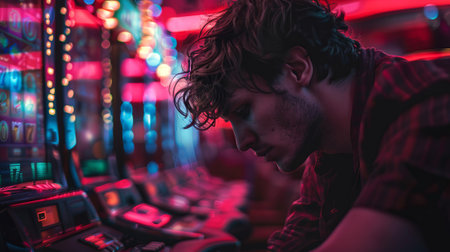 Young caucasian man sitting alone at a slot machine in a dimly lit casino with a troubled expression...