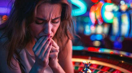 Worried young woman covering her mouth with her hands in a casino. Concept of anxiety, gambling,...