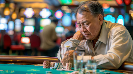 Elderly Asian man sitting at blackjack table in a casino, with a distressed expression, surrounded by poker chips and empty glasses. Concept of gambling addiction, emotional turmoil, financial loss.の写真素材