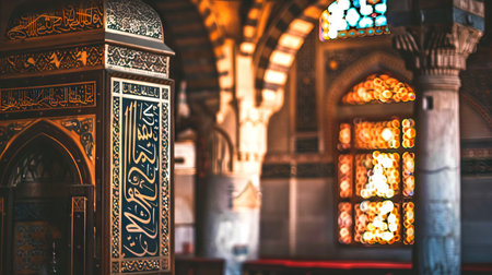 Intricate Islamic Architecture Featuring Ornate Mosque Interior and Golden Light. Concept of Cultural Heritage, Spiritual Sanctuary, Artistry in Design.の写真素材