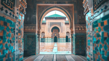 Ornate Entrance of a Historic Mosque Adorned with Intricate Geometric Patterns and Arches Illuminated by Soft Daylight.の写真素材