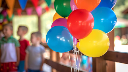 Cluster of colorful balloons tied together at children's party with kids in background, creating festive atmosphere. Concept of birthday celebration, childhood joy, playful party decor. Copy space.の写真素材
