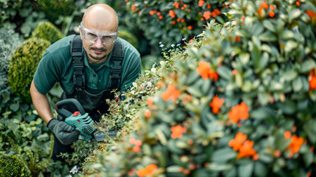 Focused Caucasian Man Trimming Hedges in a Beautiful Garden. Concept of Gardening Expertise, Outdoor Maintenance, Professional Landscaping.の写真素材