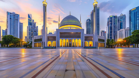 Modern Mosque with Sleek Architectural Design at Sunset in Urban Landscape. Concept of Contemporary Islamic Architecture, Spiritual Places, and City Serenity.の写真素材