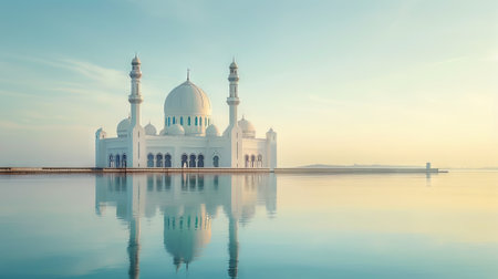 Beautiful Mosque by the Sea with Stunning Reflection at Sunset, Symbolizing Tranquility, Spirituality, Serenity, Contemporary Islamic Architecture.の写真素材