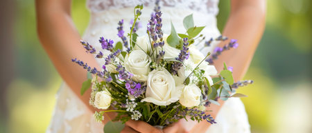 Bride Holding Elegant Wedding Bouquet of White Roses and Lavender, Symbolizing Love and Romance on Her Special Day.の写真素材